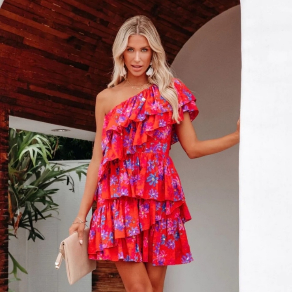 Endless Rose red floral ruffled tiered mini dress M
